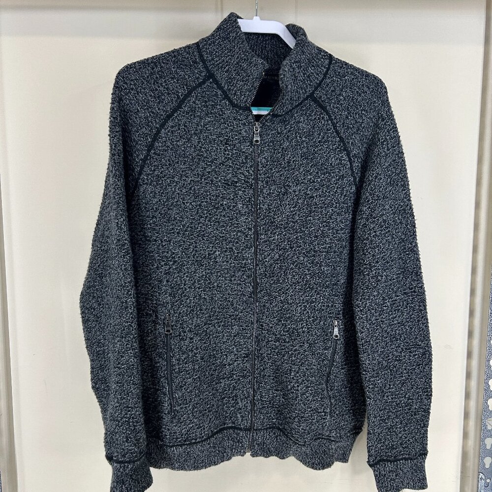 Banana Republic Mens Cotton Wool Black Gray Zip Front Cardigan Sweater Sz Large